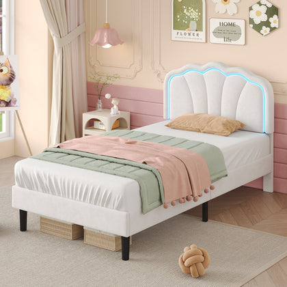 3ft Single Velvet White Upholstered Bed Frame w/ LED Headboard & Solid Wood Slat