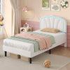 3ft Single Velvet White Upholstered Bed Frame w/ LED Headboard & Solid Wood Slat