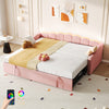 Daybed Velvet Sofabed LED Single Sofa Bed With Pull Out Trundle Guest Bed Pink