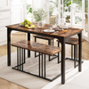 Dining Table Set 4 Piece Bench Stools Industrial Metal Frame Space Saving Brown