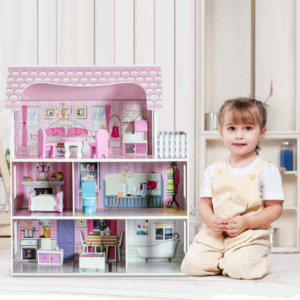3-Floor Toy Family House Wooden Dollhouse Playset-Pink