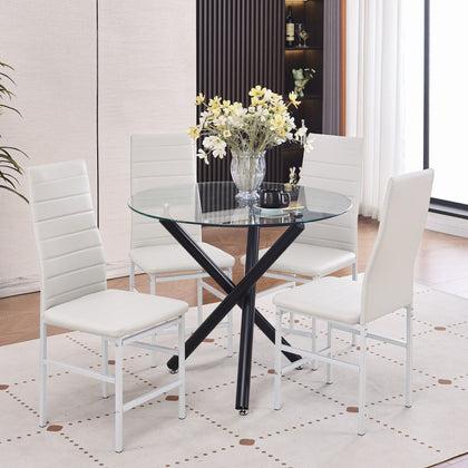 4x White Faux Leather Dining Chairs & Round Glass Dining Table Black Metal Legs