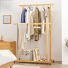 Natural Bamboo Clothes Rack Thicken Double Rod Rolling Garment Organizer w/Wheel
