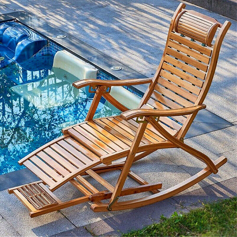 BambooWood Deck Rocking Chair Patio Garden Outdoor Sun Lounger Reclini ...