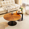 Set of 2 Nesting Coffee Table Round Glass Splicing Wood Grain Tabletop End Table