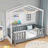 Single Wood House Bed Montessori Floor Bed w/ 2 Shelves & Guardrails