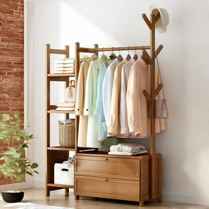 Bamboo Clothes Rail Garment Rack Hanging Stand Coat Wardrobe Storage Shelf UK