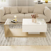 LED Wooden Glass Coffee Table with Drawer Storage for Living Room, White+Natural