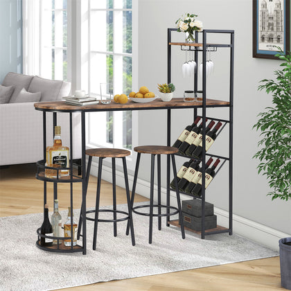 3PCS Bar Table & 2 Stool Industrial Kitchen Dining Set W/ Wine Rack Side Storage