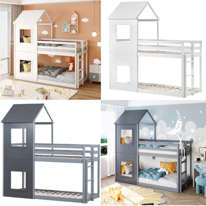 3FT Treehouse Bunk Bed Cabin Double Wooden Bed Frame Kids Sleeper Grey White