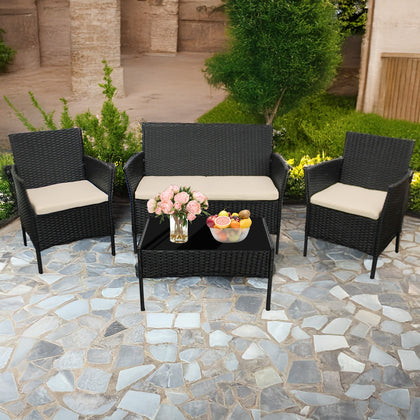 4PCS Rattan Sofa Set Garden Furniture Patio Weaving Wicker Armchair+Table Black