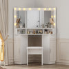 High Gloss Corner Dressing Table LED Lights 3 Mirrors Drawers Makeup Desk Stool