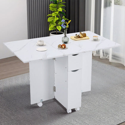 Mobile Drop Leaf Table Folding Dining Table w/ 1 Drawer Cabinet Storage Shelves