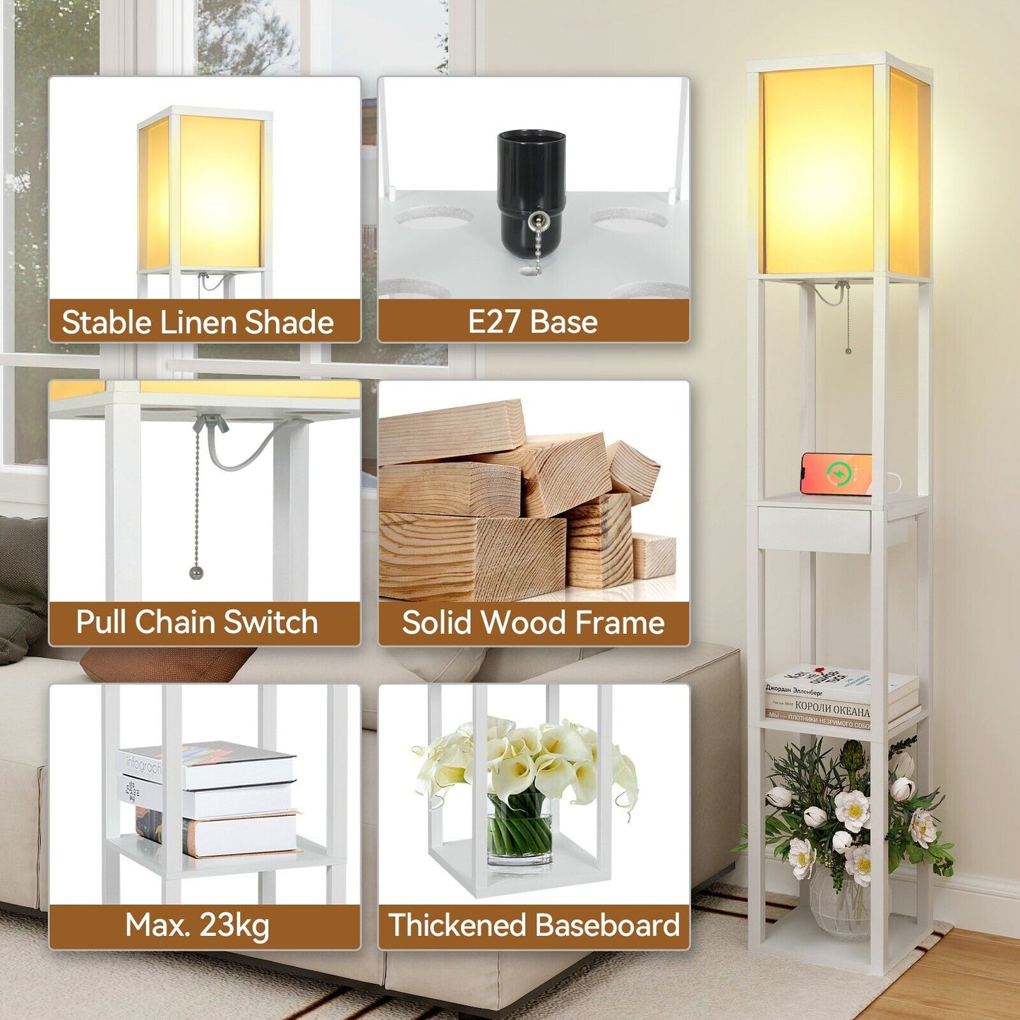 Wood Floor Lamp Modern Standing Light with Shelves USB Charging Port Drawer Bulb