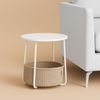 Modern White Round Side Table with Beige Storage Basket – Space-Saving & Stylish
