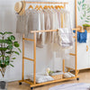 Bamboo Clothes Rail Double Hanging Garment Rack Storage Shelf W/ Wheels