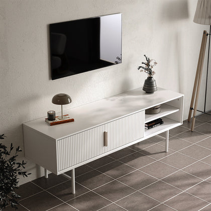 140cm TV Stand Cabinet Wooden Frame 2 Door Entertainment Unit w/ Metal Legs