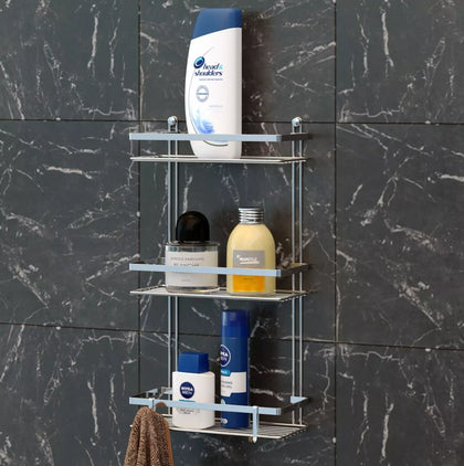 3Tiers Chrome Bathroom Square Shelf Rack Shower organizer caddy with 2hooks