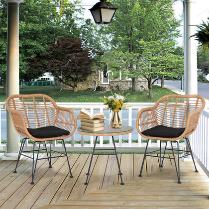 3Pcs Outdoor Garden PE Rattan Conversation Furniture Bistro Table Chairs Set
