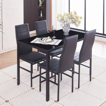 4x Black Faux Leather Dining Chairs&Black Tempered Glass Dining Table Dining Set