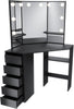 Corner Dressing Table Makeup Desk with LED Lights 3 Angle Mirror 5 Drawers Black