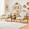 Armchair Set of 2 Linen Fabric Accent Chairs with Rattan Sides Wood Legs Beige
