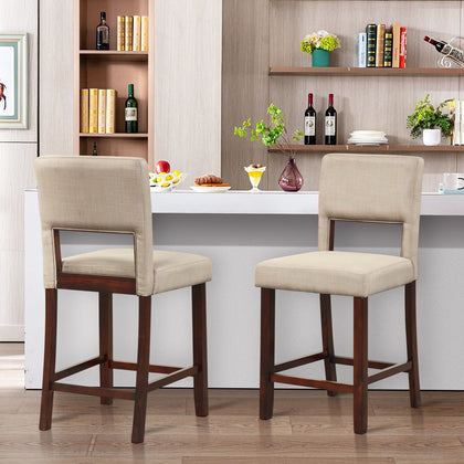 2 Pcs Linen Counter Height Bar Stool Chair Set w/ Hollowed Back Rubber Wood Legs