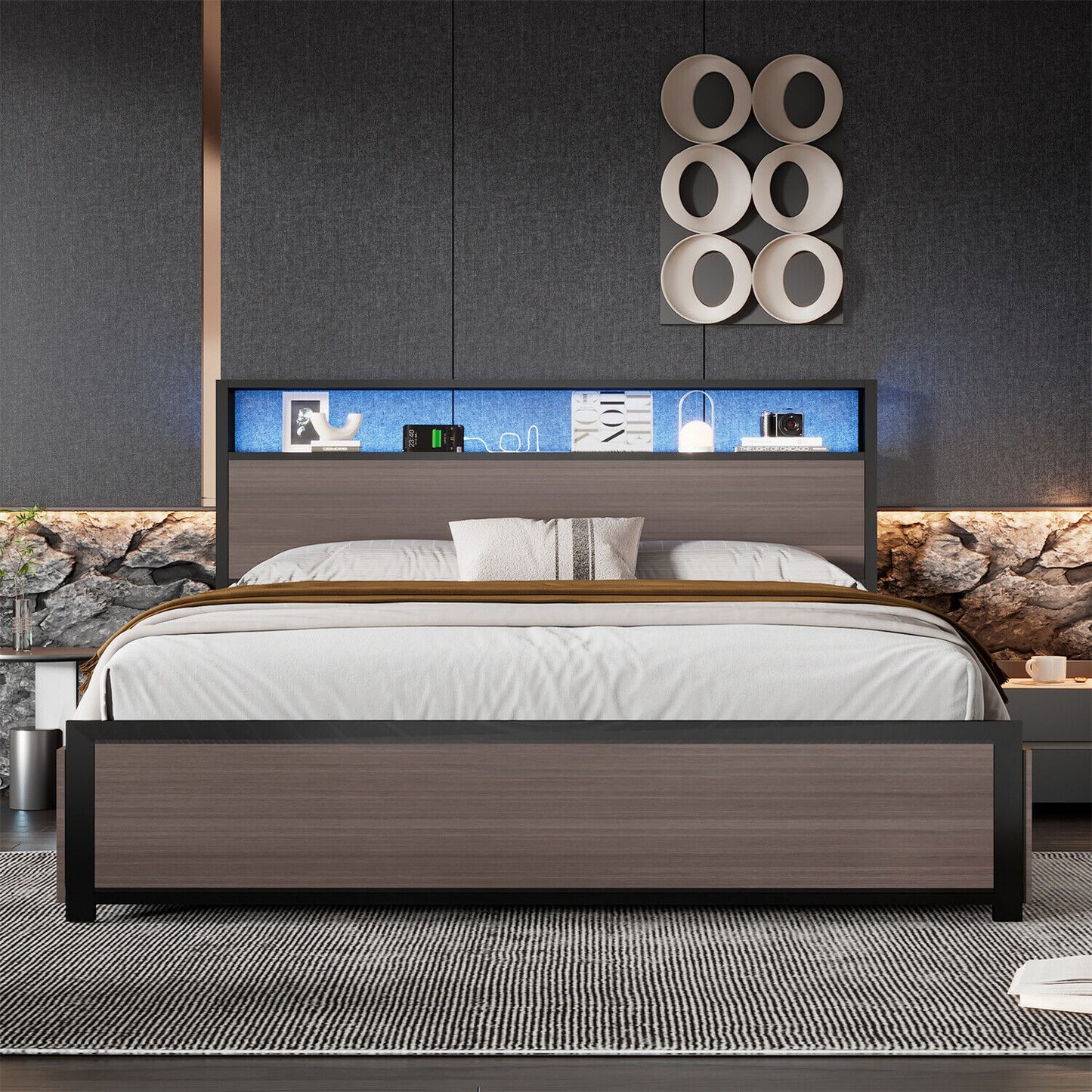 Double Bed Frame with LED Lights, 4 Drawers, Charging Station Metal Platform Bed