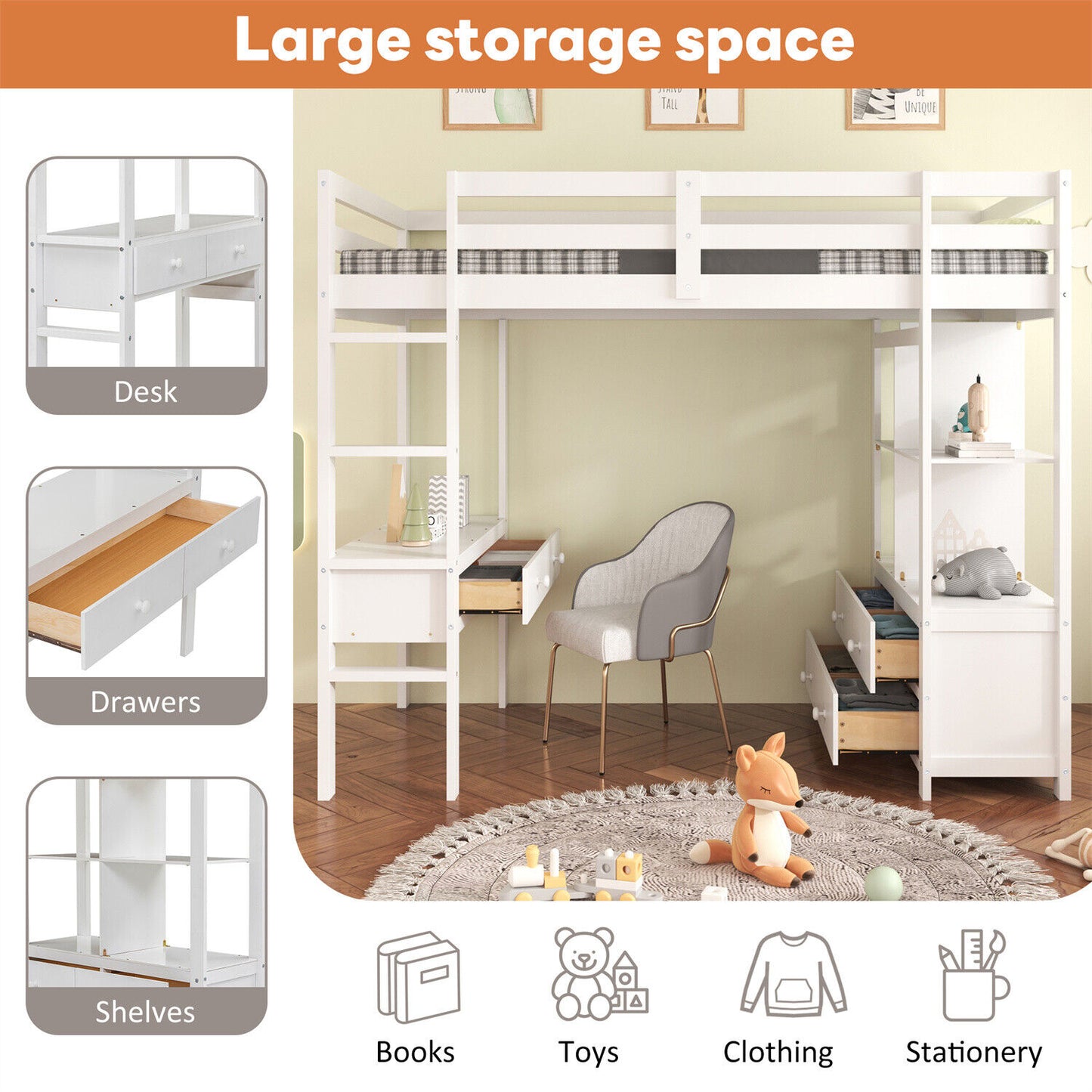 High Sleeper Bunk Bed Loft Bed with Desk & Drawers Storage Compartments for Kids