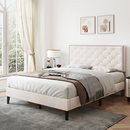 4ft6 Double Bed Frame Upholstered Platform Bed with Adjustable Headboard Beige