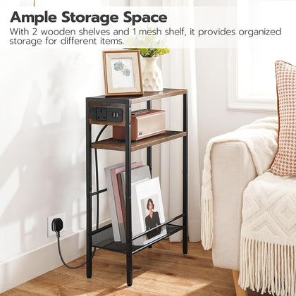 HOOBRO Slim Side Table with Charging Station Narrow End Table Bedside Table