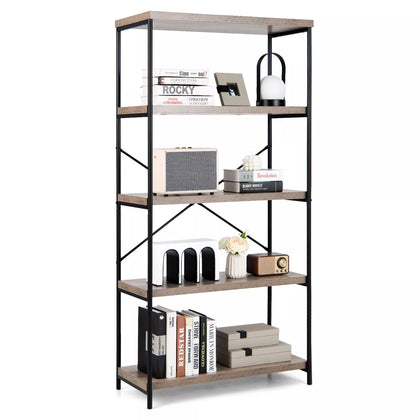 5-Tier Bookshelf Industrial Wood Bookcase Freestanding Display Rack Organizer