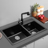 Black Composite Kitchen Sink with Waste Plug Kit Deep Bowls Undermount Dual Bowl