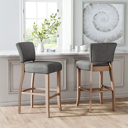 2x Breakfast High Bar Home Kitchen Pub Stools Chair Linen Seat Padded Wooden Leg