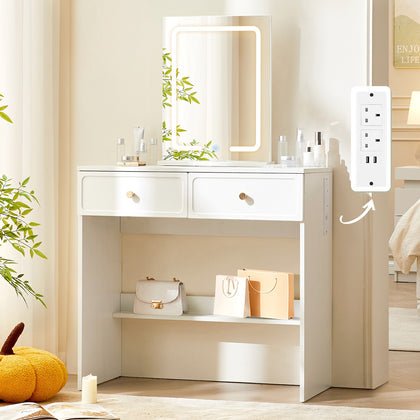 2-in-1 Dressing Table Vanity Set LED Mirror Adjustable 2 Drawers Computer Desk