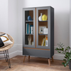Display Cabinet Glass Door Wooden Storage Shelves Drawer Grey Modern