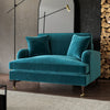 Teal Blue Velvet Loveseat Foam Filled with Dark Wood and Gold Legs Saddle Arms