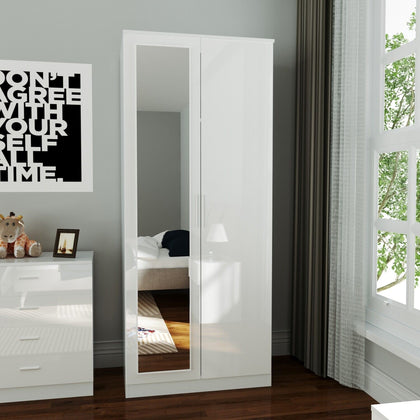 2 Door Wardrobe with Mirror Multicolor High Gloss Storage Hanging Rail Furniture
