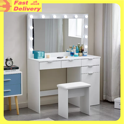 Modern Dressing Table with LED Lights Mirror Stool Drawers Vanity Makeup Desk UK