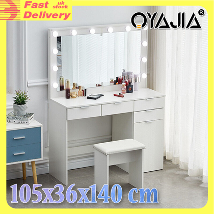Large Dressing Table Stool Set with LED Light Mirror Vanity Make up Desk UK
