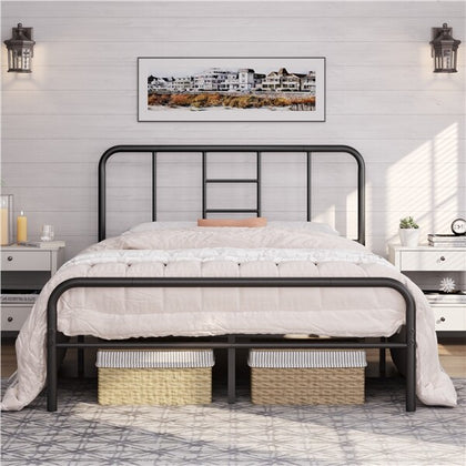 4ft6 Double Bed, Strong Metal-Framed Bed with Headboard, Black Iron Bed Frame