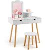 2-in-1 Kids Vanity Set Children Wooden Dressing Table & Stool w/ Mirror