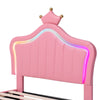 3ft Single Upholstered Bed Frame with LED Adjustable Headboard, Wood Slats, Pink