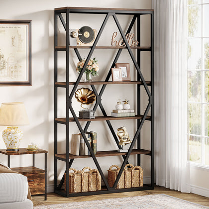 71'' Tall Industrial Bookshelf, 6-Tier Freestanding Open Bookcase w/ Metal Frame