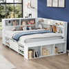 Double Bed with Bookcase Multifunctional Wooden Bed Frame with Drawer Storage
