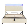 OTTOMAN STORAGE BED FRAME 4FT6 DOUBLE WITH STORAGE HEADBOARD & LED LIGHTS BEIGE