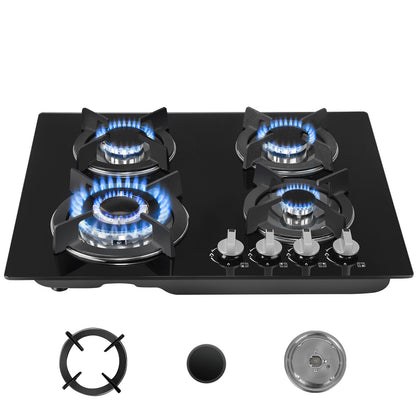 4 Burners Gas Hob 60cm Black Tempered Glass NG/LPG Convert With Iron Pan Support