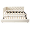 3ft Single Velvet Daybed with Trundle Bed, Upholstered Sofa Bed 90x190cm Beige