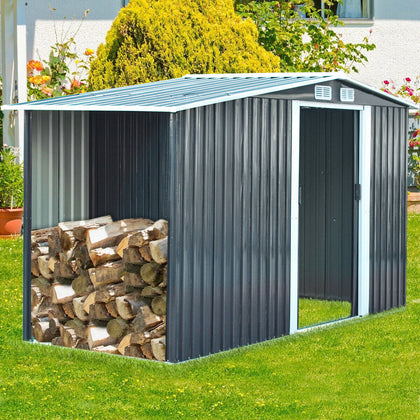4*8/6*8/8*8/10*8ft Metal Garden Storage Shed Roof Tool Firewood w/Sliding Door
