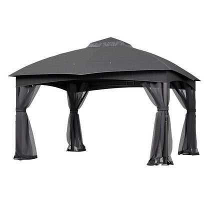 4x3.25m Metal Gazebo Garden Pavilion Canopy with 2-Tier Roof and Tulle Netting